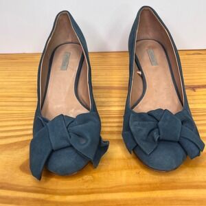 Uterque Bow Pumps Heels Block‎ Heel Suede Leather Blue Formal Wedding Shoes